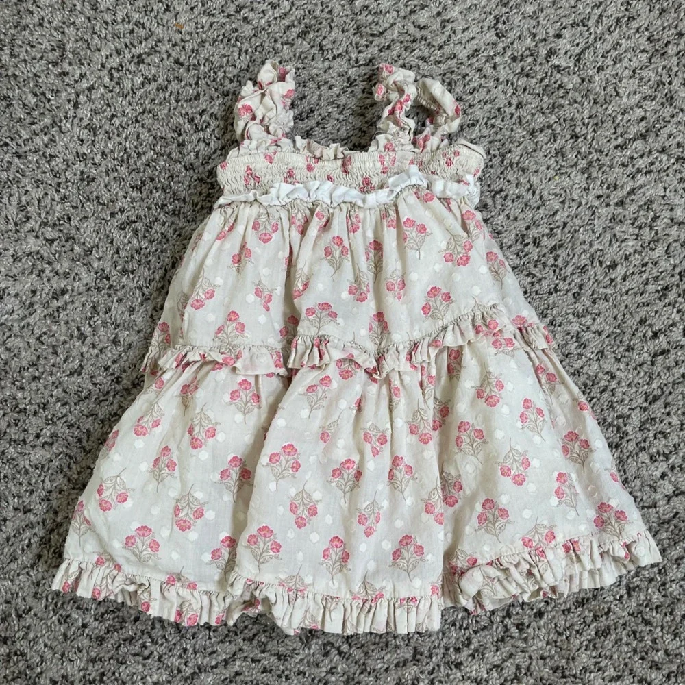 Happily Grey Girls Dress 3T Floral Ruffle Sleeveless Tiered Cotton‎ Beige Pink